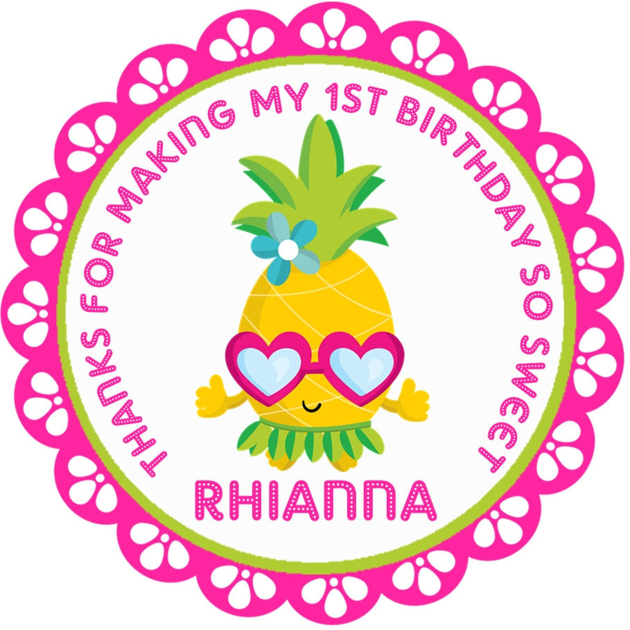 Tropical pineapple birthday sticker with cute character design