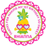 Tropical pineapple birthday sticker with cute character design