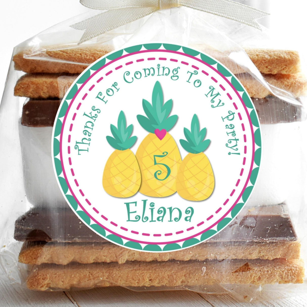 Tropical pineapple trio birthday sticker with teal and pink border