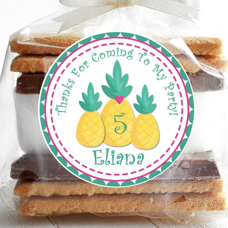 Tropical pineapple trio birthday sticker with teal and pink border