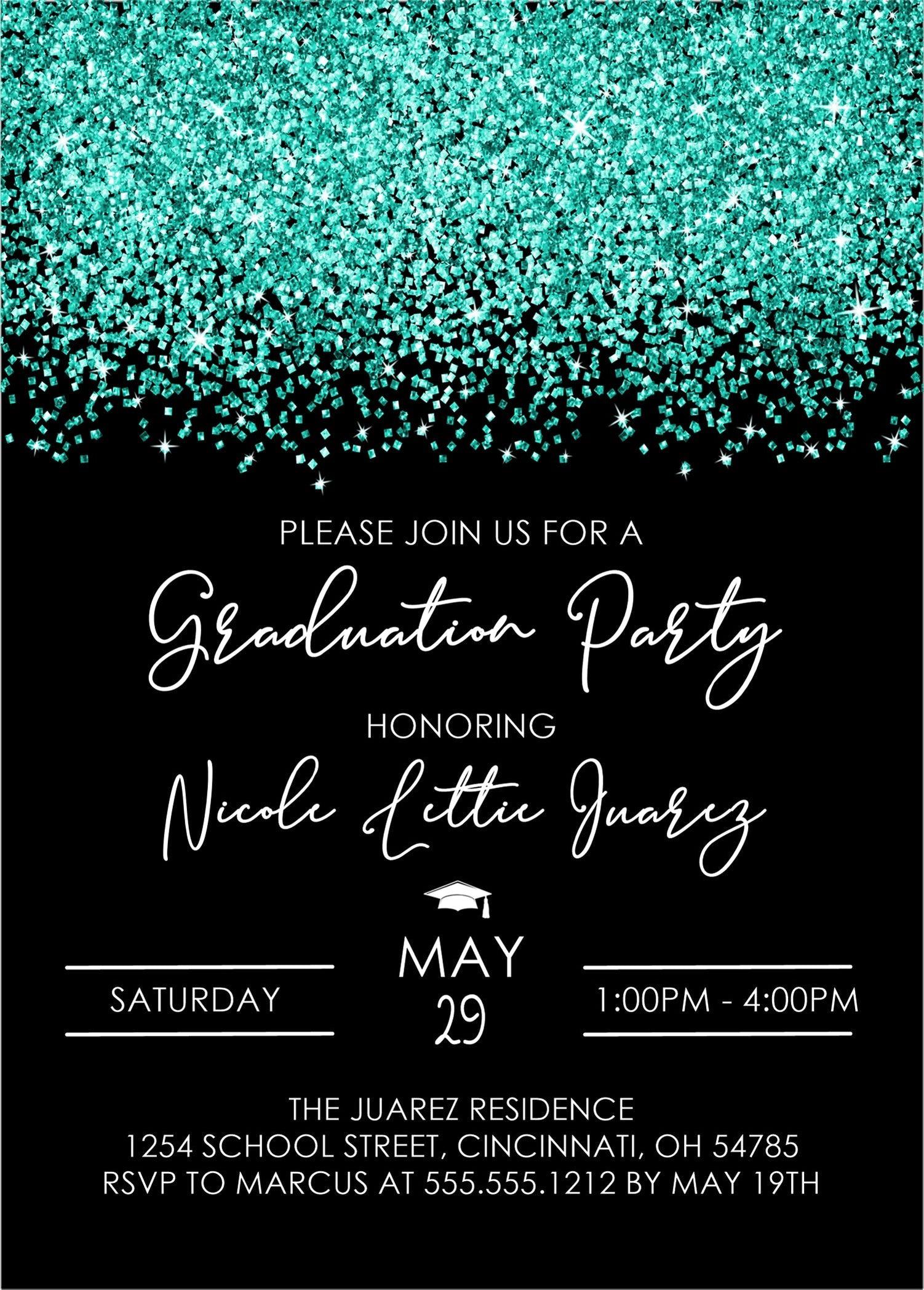 Turquoise And Black Graduation Party Invitations