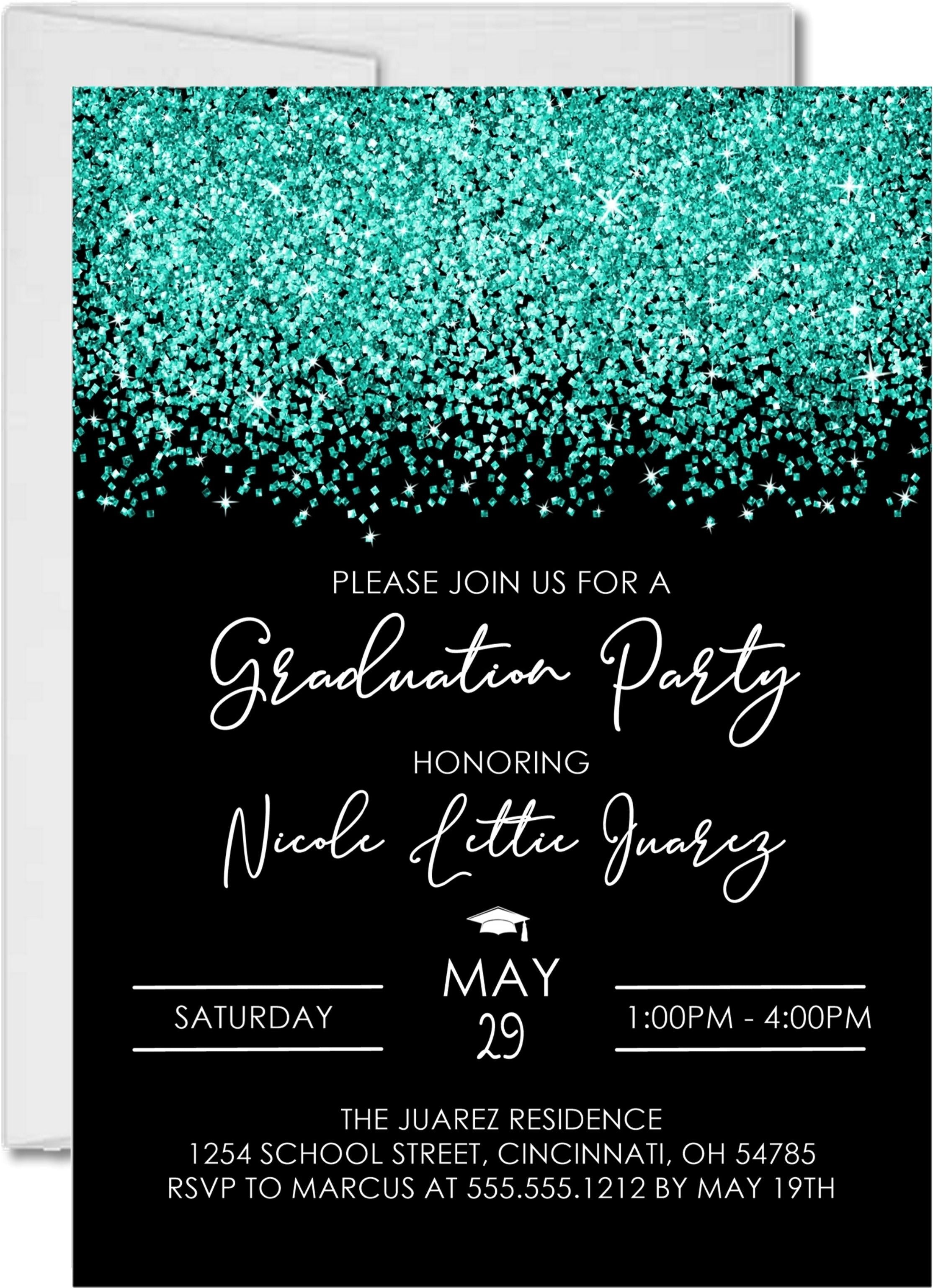 Turquoise And Black Graduation Party Invitations