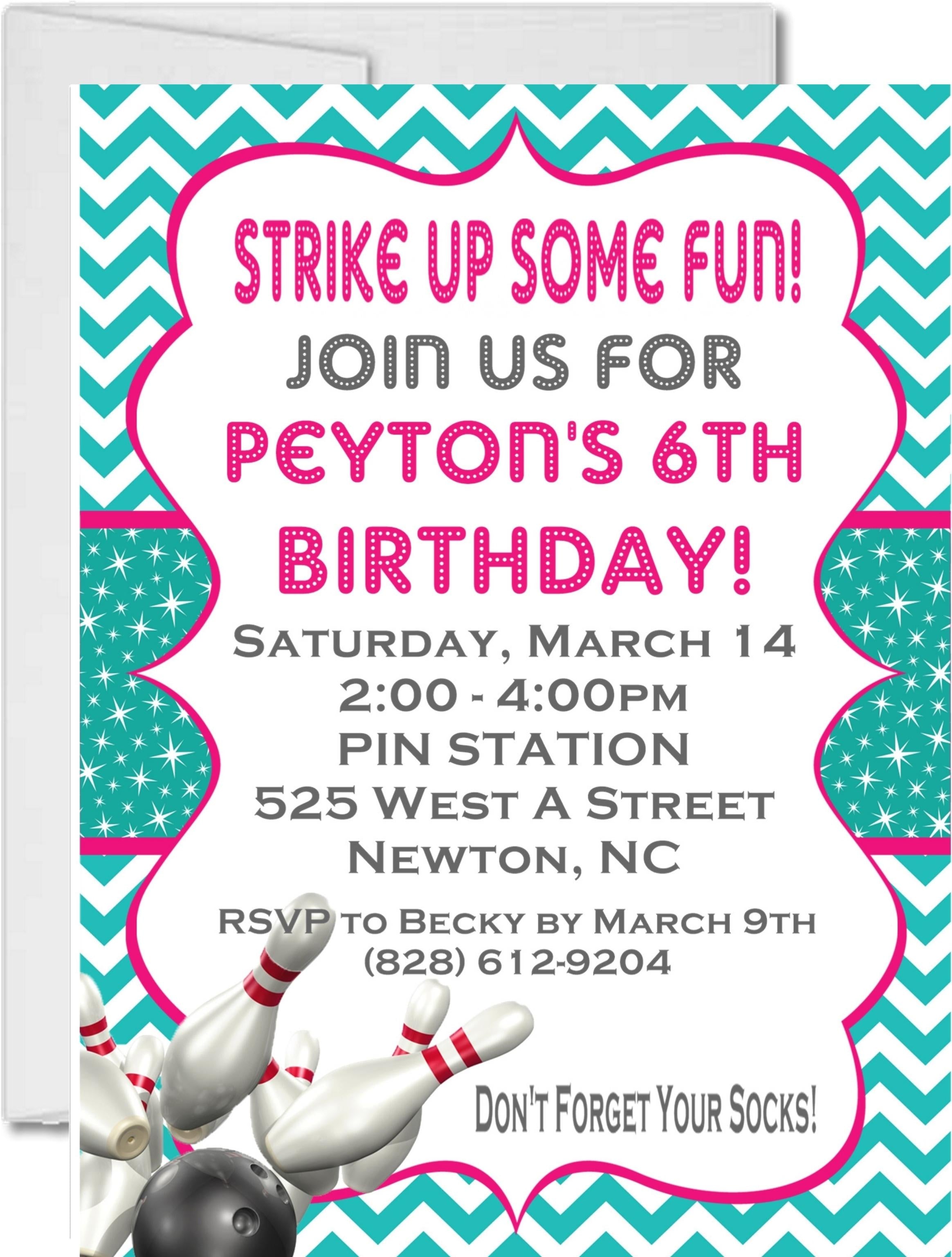 Turquoise And Pink Bowling Birthday Party Invitations