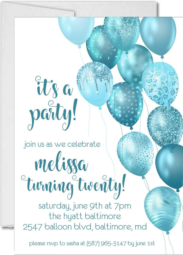 Turquoise balloon birthday party invitations colorful balloon design