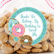 Turquoise donut birthday sticker with sprinkles and personalized name