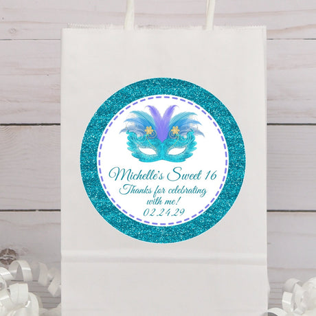 Turquoise masquerade Sweet 16 sticker with feathered mask design