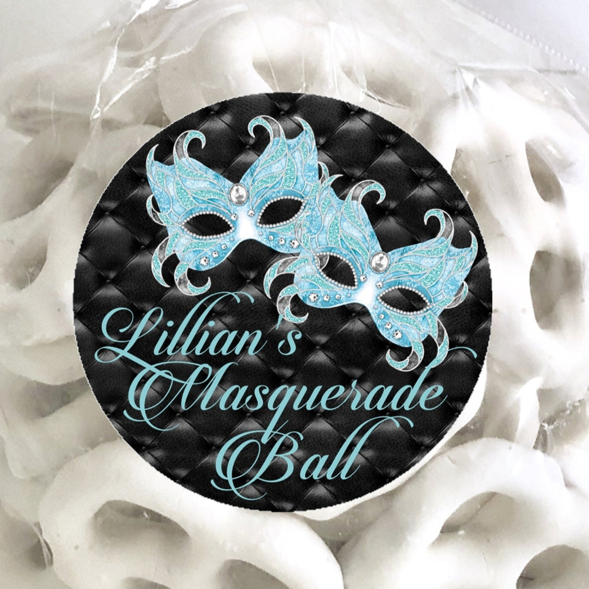 Turquoise masquerade ball party favor sticker