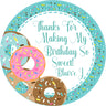 Turquoise pink donut birthday sticker with sprinkles and custom name
