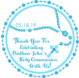 Turquoise rosary bead communion favor sticker label