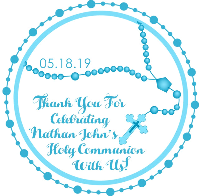 Turquoise rosary bead communion favor sticker label