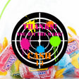 Turquoise target paintball birthday sticker with pink and teal splatter