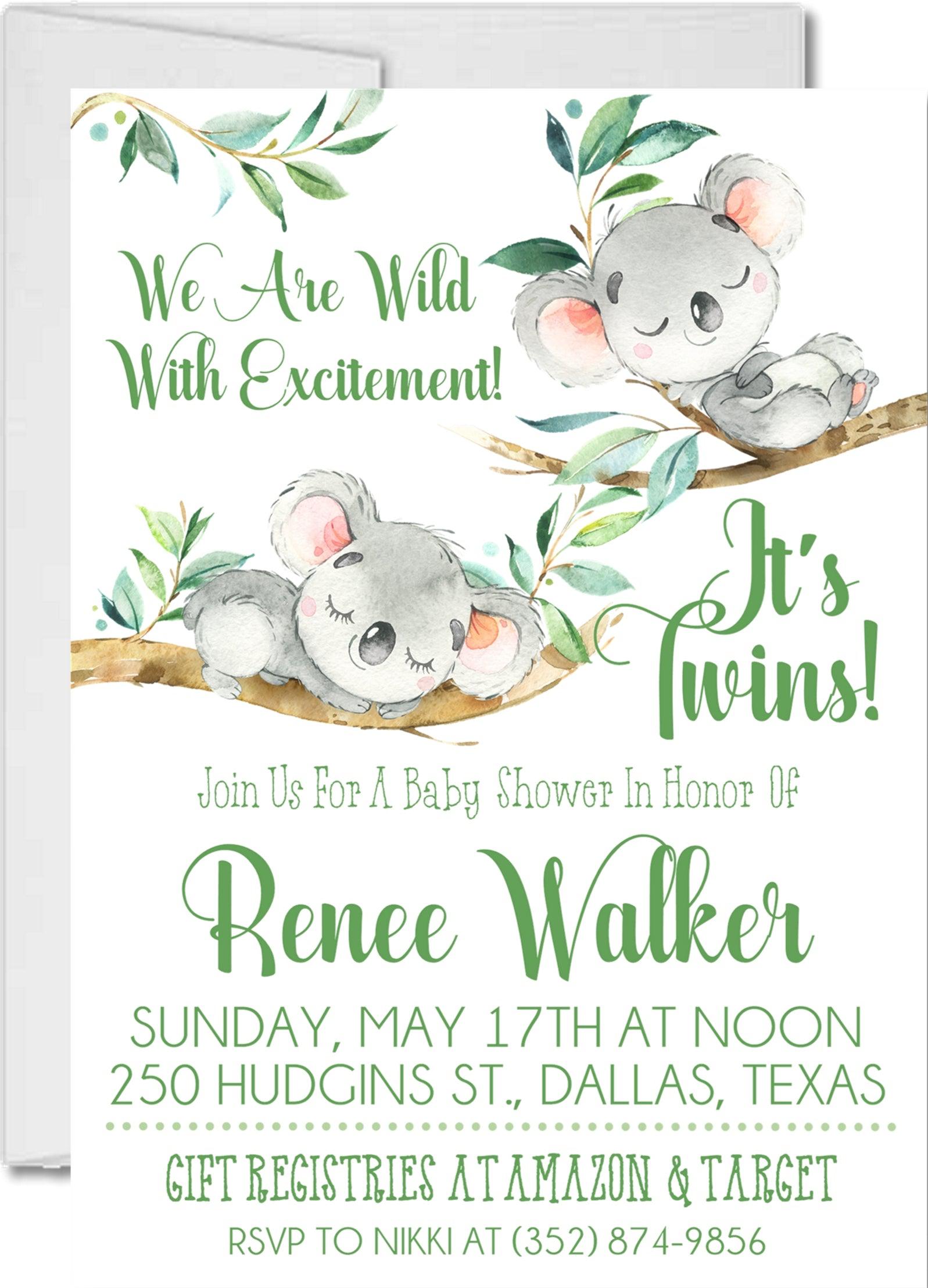 Twins Gender Neutral Koala Baby Shower Invitations