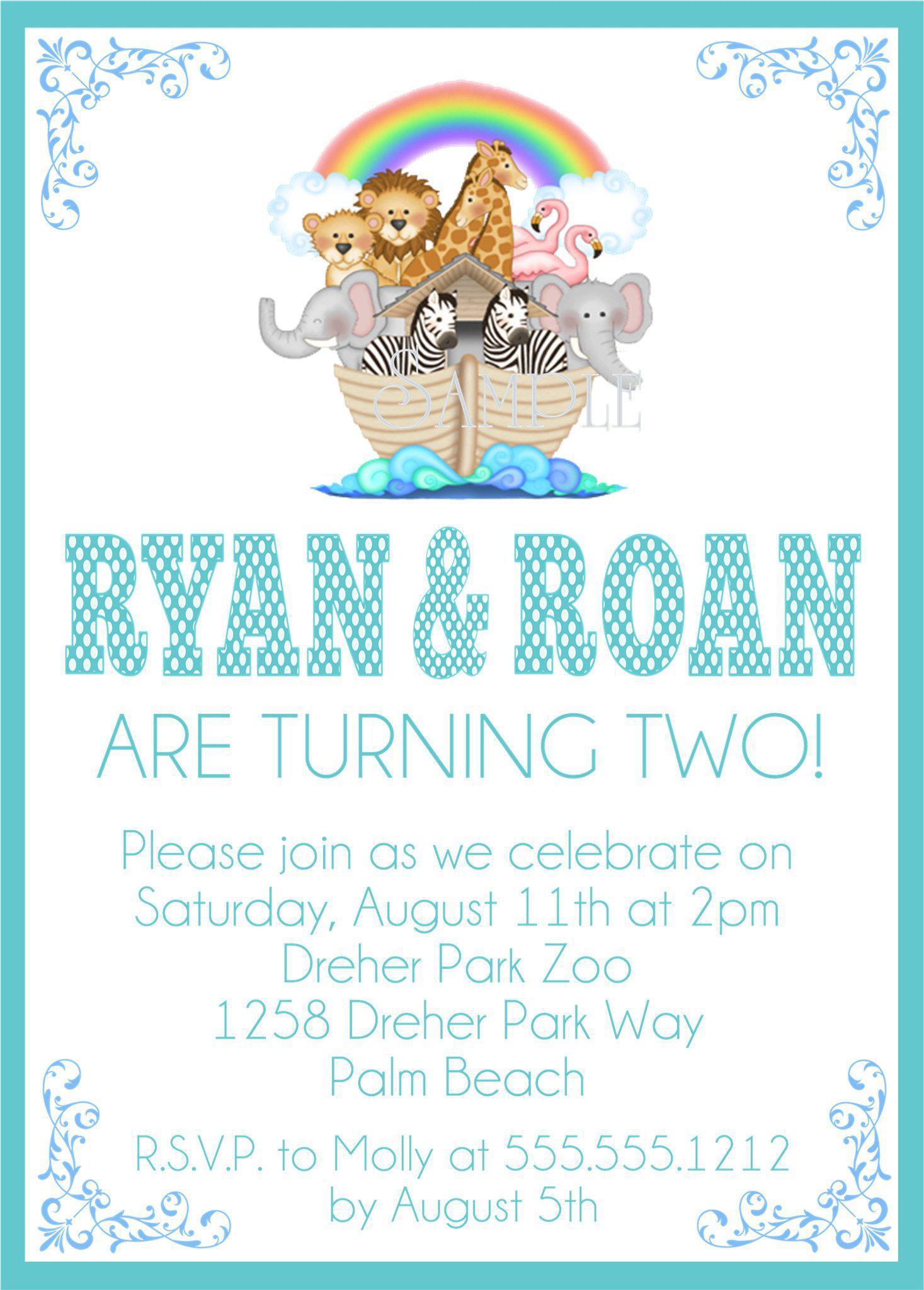 Twins Noah's Ark Birthday Party Invitations