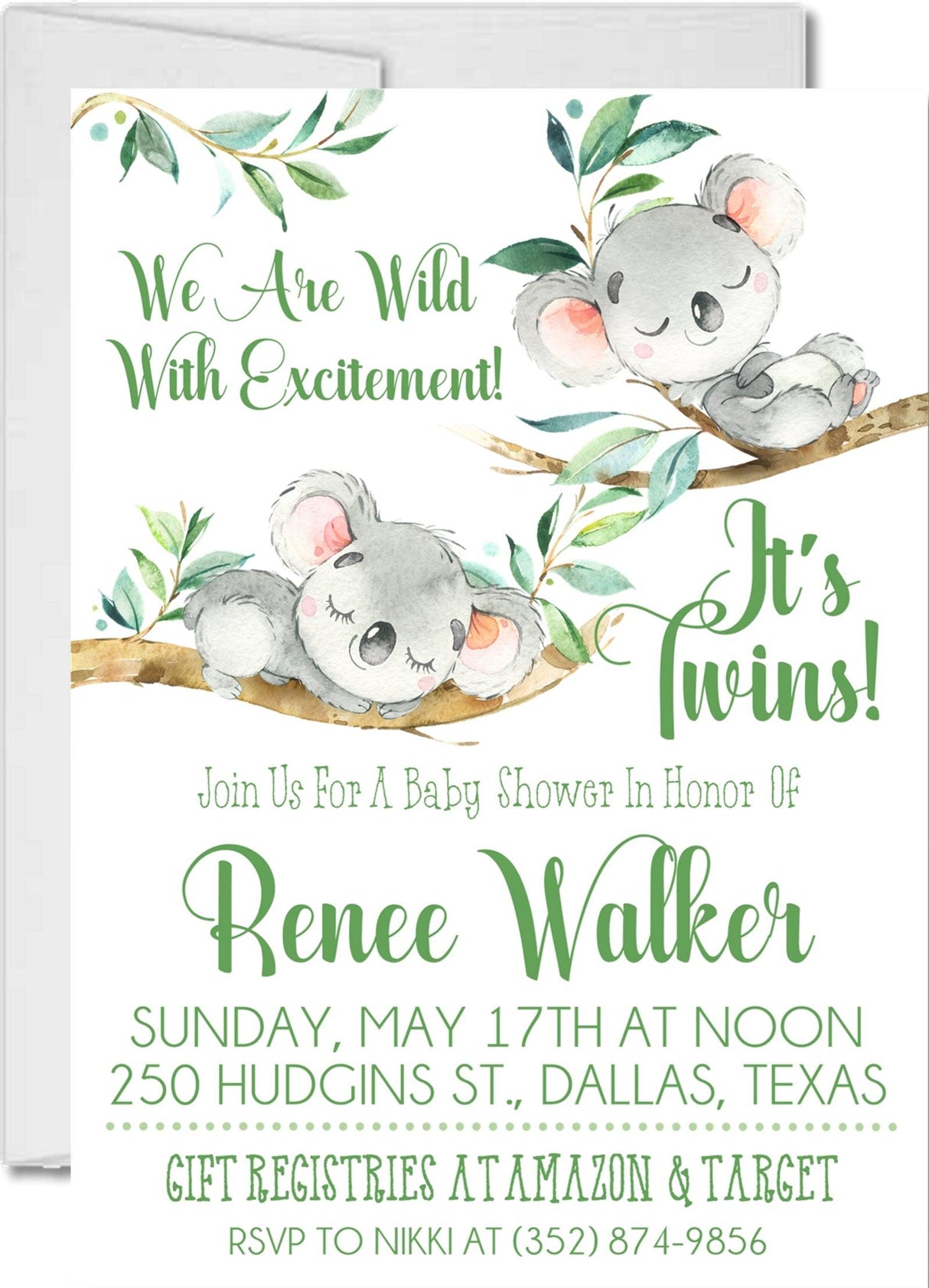Twins genger neutral koala baby shower invites