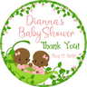 Two peas in a pod baby shower sticker with twin baby girls and vine border
