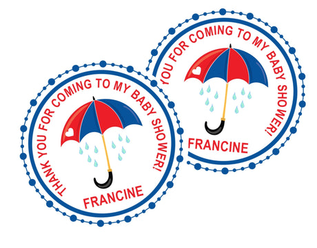 Umbrella baby shower sticker with red and blue umbrella design