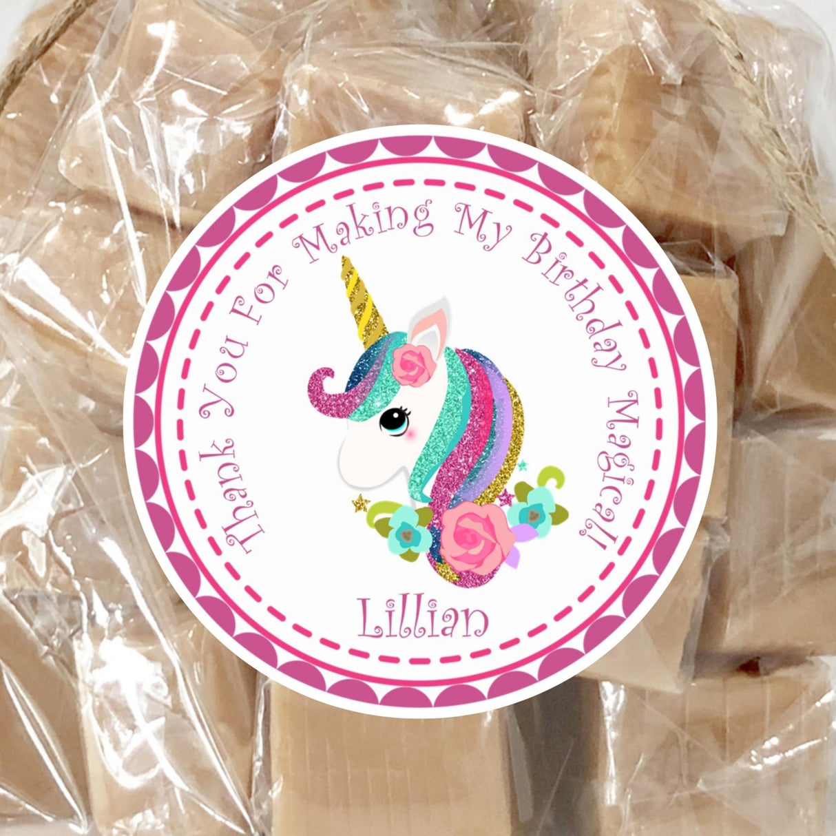 Unicorn birthday sticker with glitter pastel mane and pink border