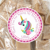 Unicorn birthday sticker with glitter pastel mane and pink border