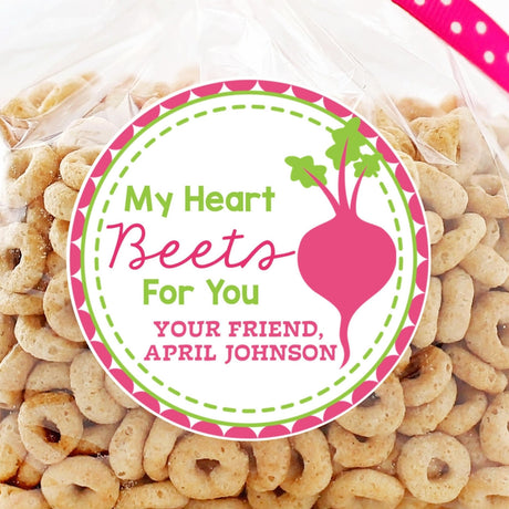 Valentine sticker with pink beet illustration and “My Heart Beets For You” phrase