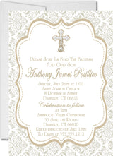 Vertical baptism invitation with traditional gold religious border