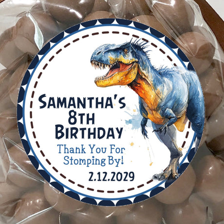 Watercolor T-Rex birthday sticker with personalized text