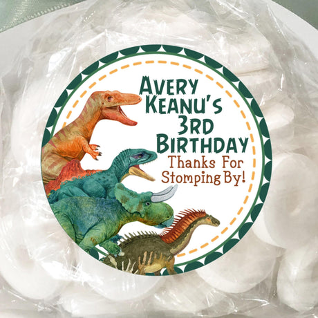 Watercolor dinosaurs birthday sticker with personalized name