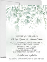 Watercolor eucalyptus wedding invitation featuring soft sage green leaves and elegant personalized wording.