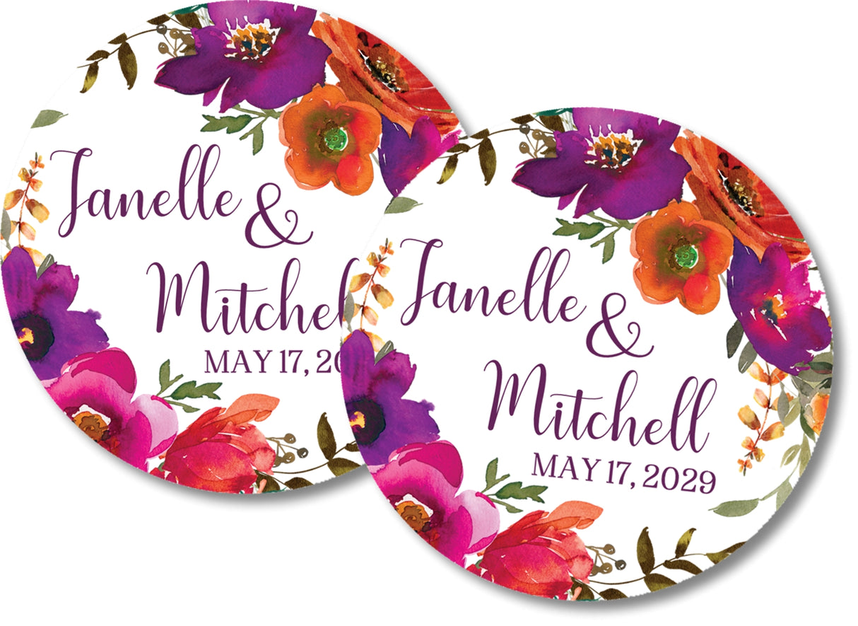 Watercolor floral wedding sticker with personalized names