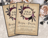 Wedding invitation available in two coordinating burgundy floral parchment designs