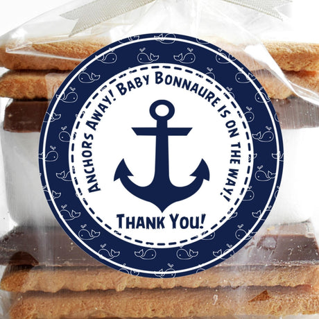 Whale and anchor baby shower sticker in navy blue
