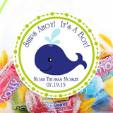 Whale baby shower stickers with lime green border
