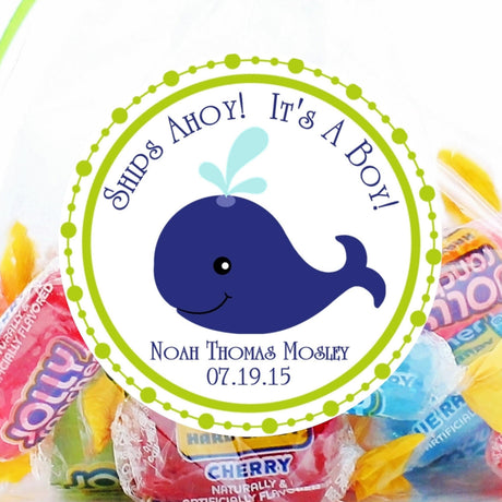 Whale baby shower stickers with lime green border