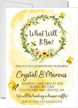 What will it bee gender reveal invitation with watercolor bee wreath
