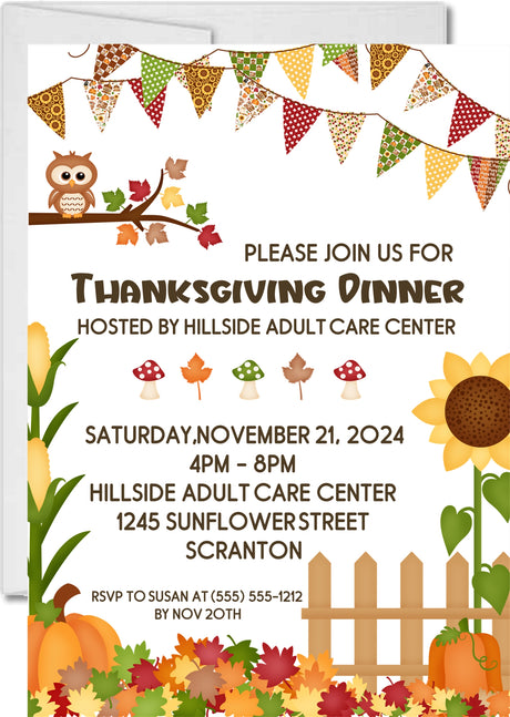 Whimsical owl Thanksgiving dinner invitation with fall bunting