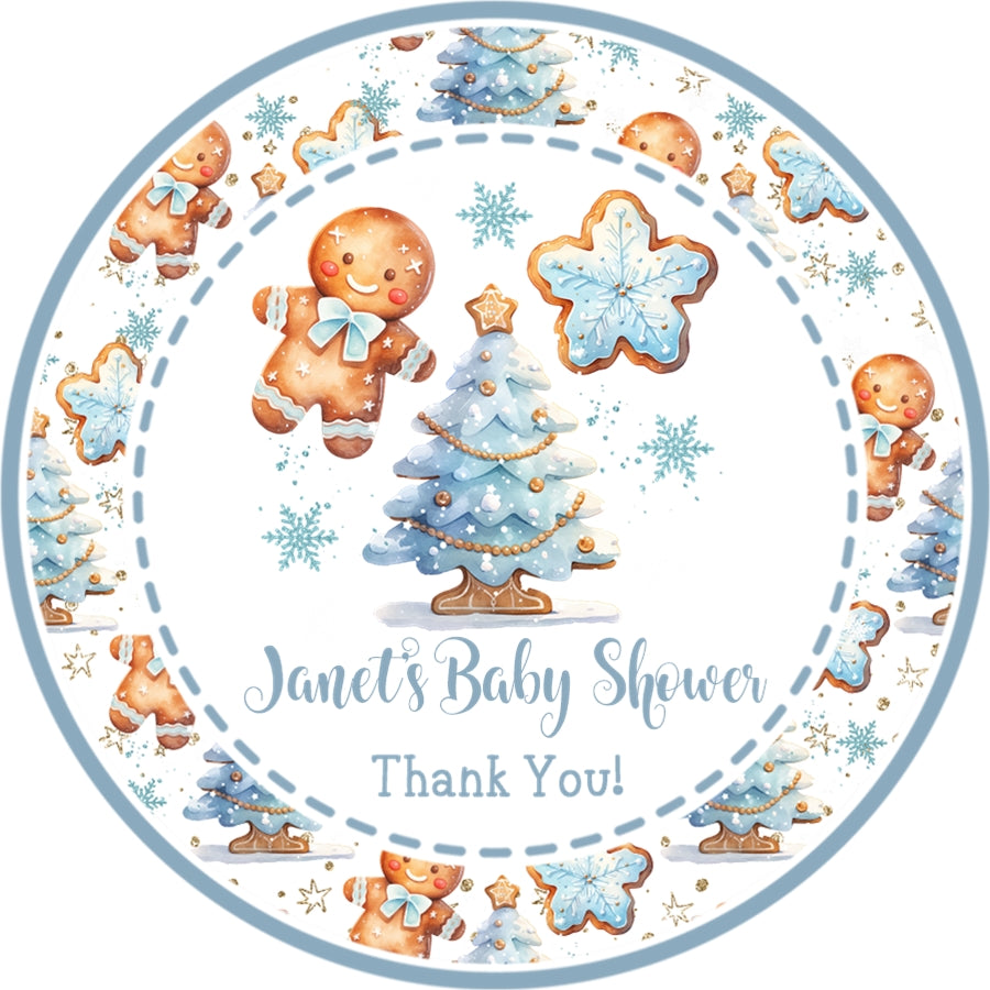 Winter baby shower favor label in blue