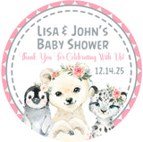 Winter girls pink arctic animals baby shower sticker labels