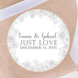 Winter snowflake wedding sticker with names and date