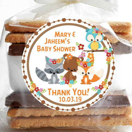 Woodland animals baby shower stickers with owl, fox, and raccoon.
