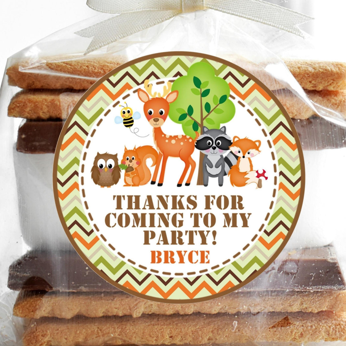 Woodland animals birthday sticker with deer, fox, and raccoon