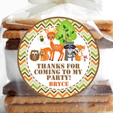 Woodland animals birthday sticker with deer, fox, and raccoon