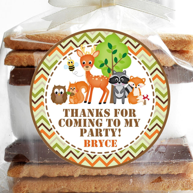 Woodland animals birthday sticker with deer, fox, and raccoon