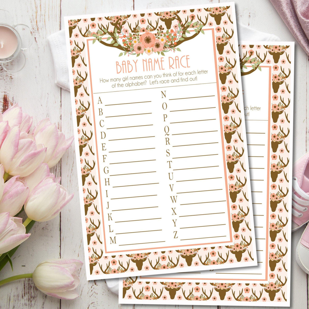 Woodland deer antler baby name race printable game PDF