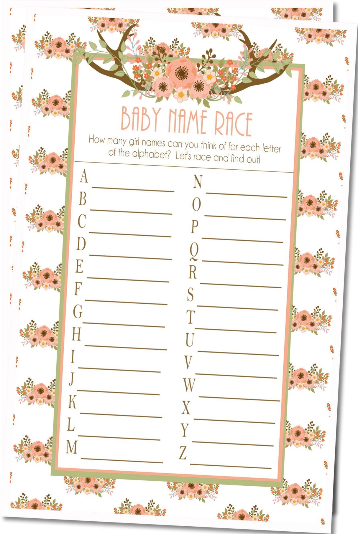 Woodland girl baby shower name race game sheet