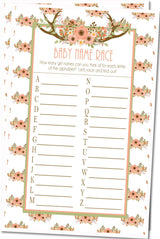 Woodland girl baby shower name race game sheet