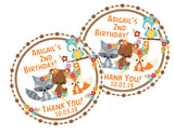 Woodland party favor label with beaver illustration