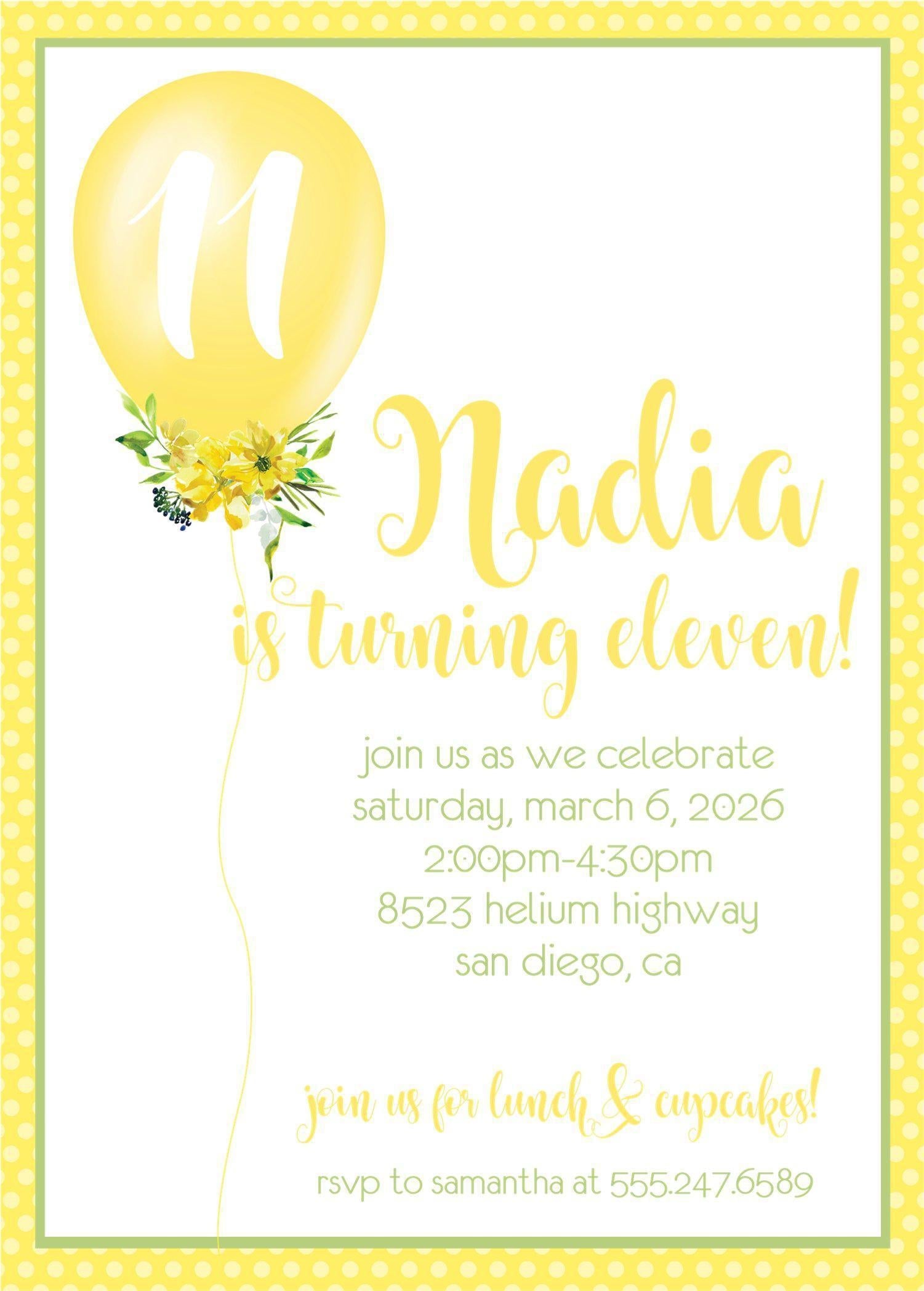 Yellow Balloon Birthday Party Invitations