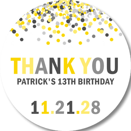 Yellow and gray confetti birthday sticker with personalized name and age