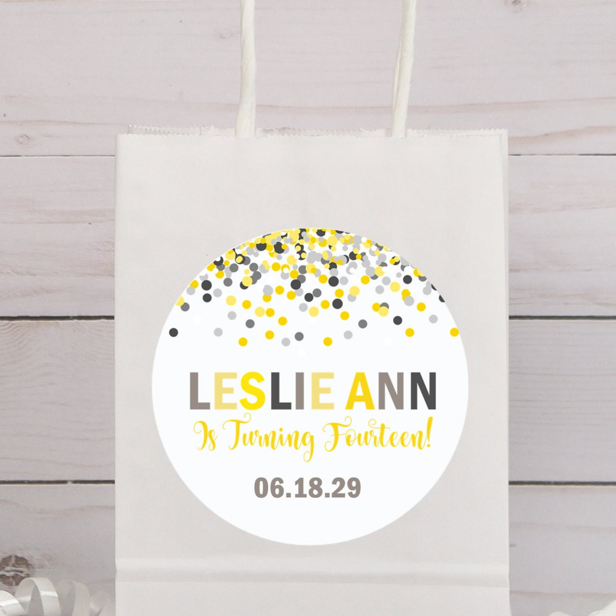 Yellow and grey confetti birthday sticker design