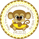 Yellow jungle monkey birthday sticker with banana and custom text