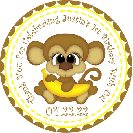 Yellow jungle monkey birthday sticker with banana and custom text